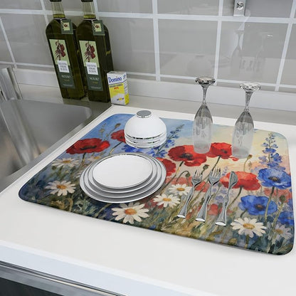 4th of July Dish Drying Mat for Kitchen Counter 18x24 Patriotic Floral Independence Day Memorial Holiday Absorbent Reversible Microfiber Drying Mats Kitchen Countertop Protector Dishes Drainer Pad - Image 6