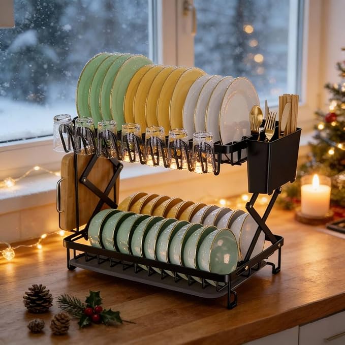2-Tier Dish Racks for Kitchen Counter, Stainless Steel Kitchen Dish Drying Rack Large Dish Drainers for Kitchens Counter, Space Saving Dishes Strainer for Bowl, Plate, Cup - Modern Counter Organizer - Image 5