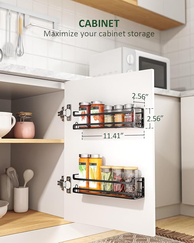 Doakhirmit 4 Pack Wall Mount Spice Rack with 16 Hooks,Hanging Spice Rack Organizer for Stove Cabinet Pantry Door, Screw or Adhesive Wooden Spice Shelf for Kitchen and RV Camper, Black - Image 4