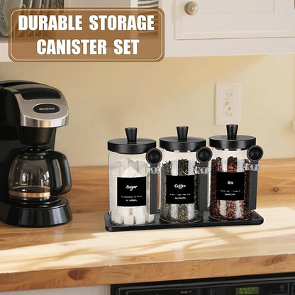 Suclain 3 Pcs Glass Coffee Container with Wooden Lid Spoon Shelf Labels Clear Airtight Jar Food Storage Canister Set for Sugar Spice Coffee Bean Holder Housewarming Gift(25 oz,Black Bamboo) - Image 6