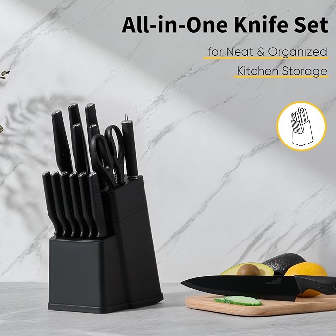 E-far Knife Set, 15-Piece Kitchen Knife Block Set with Sharpener, High Carbon Steel Chef Paring Steak Knives with Ergonomic Non-Slip Handle, Anti-Rust & Razor Sharp, Black - Image 4