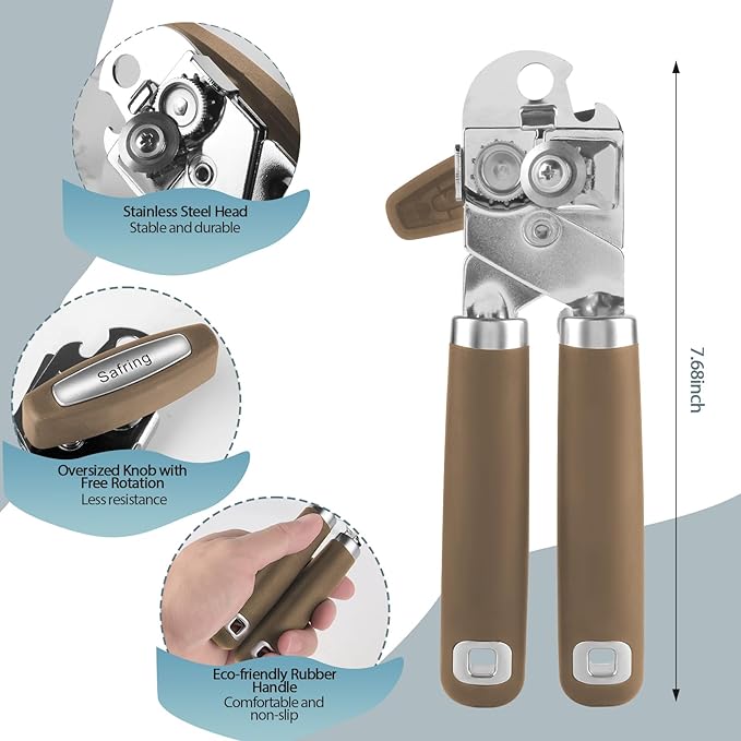 Safring Can Opener Manual, Heavy Duty Handheld Strong Can Opener with Soft Touch Handle, Sharp Blade Smooth Edge, Can Openers with Multifunctional Bottle Opener, Coffee - Image 2