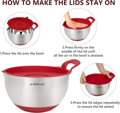 Hillbond Mixing Bowls with BPA Free Airtight Lids Nesting Bowls with Pour Spout, Silicone Handle and Non-Slip Bottoms for Baking, Stainless Steel Mixing Bowls Dishwasher Safe, 1.5, 3, 5 QT(Red)