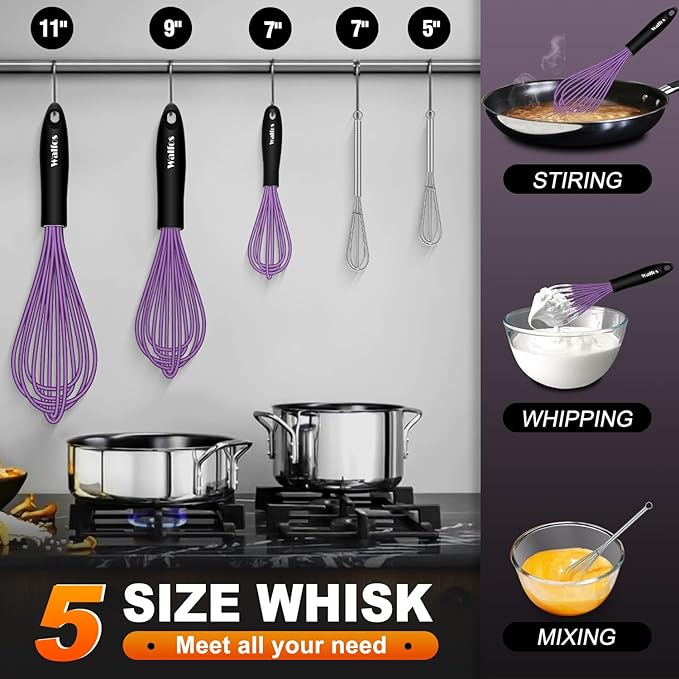 Walfos Whisk, Silicone Whisks Set of 5, Mini Stainless Steel Whisk 7+5in & Non Scratch Coated 7+9+11in Whisks, Suitable for Blending, Whisking, Beating, Frothing & Stirring. (Purple) - Image 7