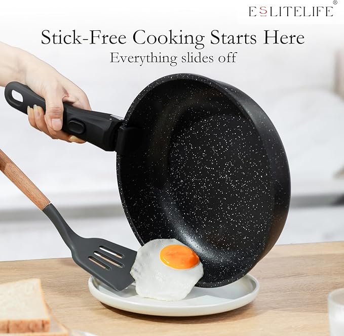 ESLITE LIFE Nonstick Ceramic Frying Pans Skillets Set with Lids & Detachable Handle, Non-Toxic Egg Omelette Kitchen Cooking Pans Compatible with All Stovetops, PTFE & PFOA Free, Black, 7-Piece - Image 5