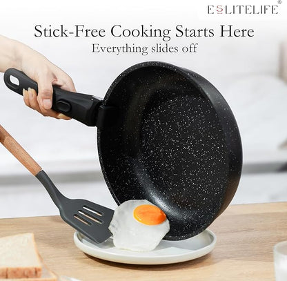 ESLITE LIFE Nonstick Ceramic Frying Pans Skillets Set with Lids & Detachable Handle, Non-Toxic Egg Omelette Kitchen Cooking Pans Compatible with All Stovetops, PTFE & PFOA Free, Black, 7-Piece - Image 5