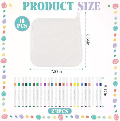 40 Pcs Pot Holder Bulk for Craft Include 16 White Heat Resistant Pot Holders and Oven Mitts with 24 Makers for Kitchen Cooking and Baking Christmas DIY Craft Project Set