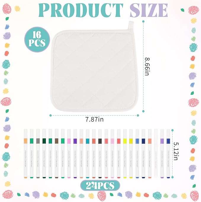40 Pcs Pot Holder Bulk for Craft Include 16 White Heat Resistant Pot Holders and Oven Mitts with 24 Makers for Kitchen Cooking and Baking Christmas DIY Craft Project Set