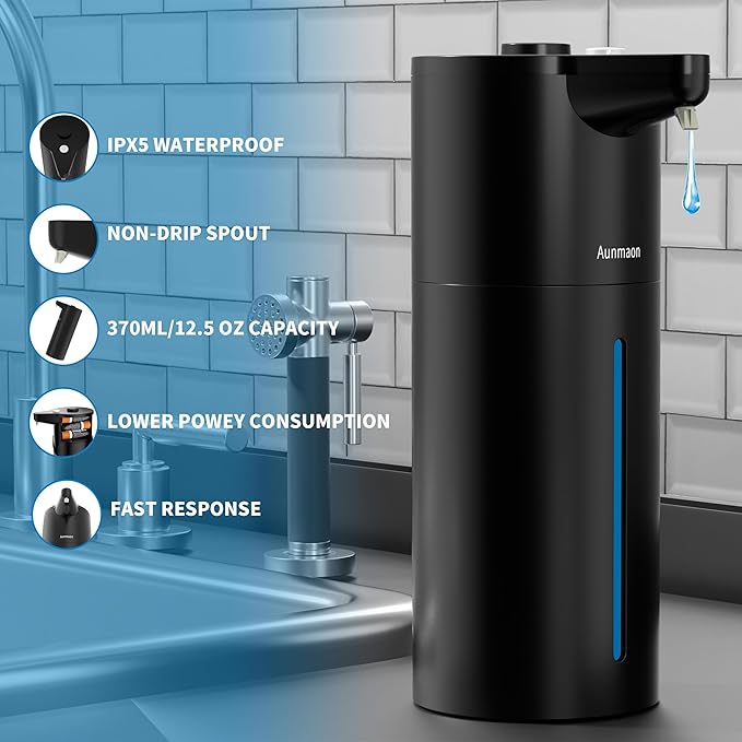 Aunmaon Automatic Soap Dispenser Touchless, Hands-Free, Multi Adjustable Volume, Long Battery Life, Compatible with Thick & Thin Dish/Hand Soap for Bathroom and Kitchen, Easy for Toddlers, Black - Image 4