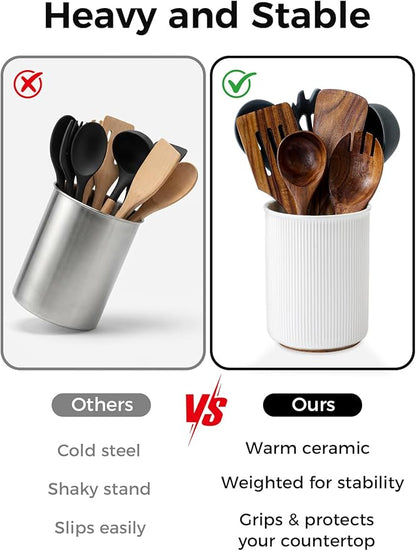 LoeJan 6.7" Utensil Holder, Ceramic Kitchen Utensil Holder with Cork Bottom, Large Utensil Crock for Countertop, Vintage Cooking Tool Organizer Set for Kitchen Counter Decor(White) - Image 5