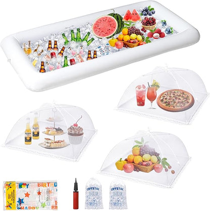8Pack Party Supplies (food covers*3, tablecloth*1, Inflatable Serving Bars*1,Ice Bag*2, Pump*1),Pool Party Buffet Drink Cooler, Ice Tray Food Drink Containers for BBQ Picnic Pool Garden Party Wedding by WokuyaDirectDesignforLoveIdealforParty