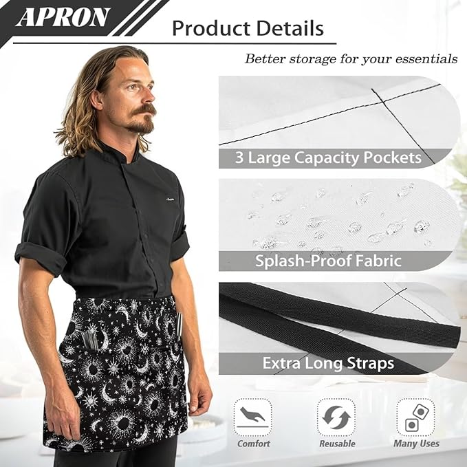 Server Apron with 3 Pockets, Waterproof Oil Waitress Waiter Half Apron for Restaurant Hotel Kitchen Cafe