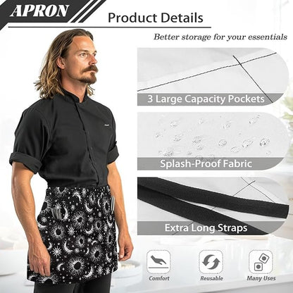 Server Apron with 3 Pockets, Waterproof Oil Waitress Waiter Half Apron for Restaurant Hotel Kitchen Cafe