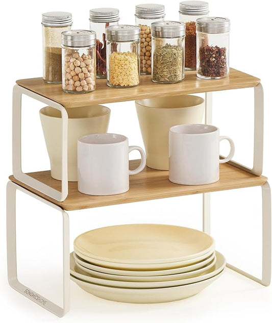 SONGMICS HOME Cabinet Organizer Shelf, Set of 2 Kitchen Counter Shelves, Kitchen Storage, Spice Rack, Stackable, Expandable, Metal and Bamboo, Light Bamboo UKCS050N01 by SONGMICSHOME