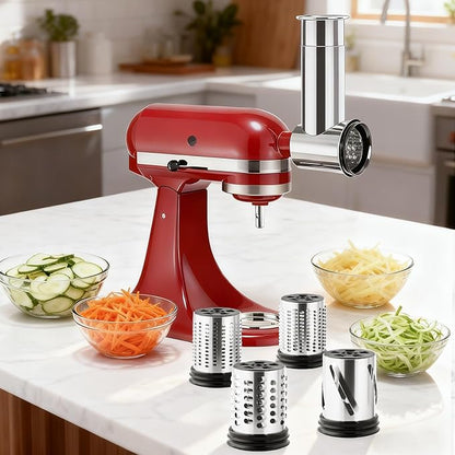 KITOART Stainless Steel Slicer Shredder & Cheese Grater Attachment for Kitchenaid Stand Mixer - Included Salad Maker, Grinding Powder, Dishwasher Safe with 4 Blades