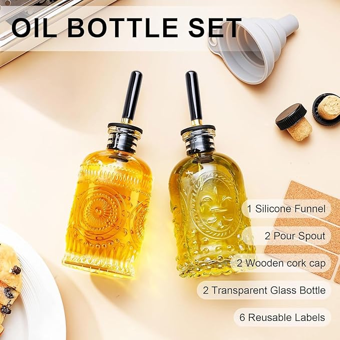 gegewawa Olive Oil Dispenser Bottle for Kitchen with Metal Spout, Glass Oil Bottles 7OZ, Elegant Glass Cooking Oil Dispenser for Kitchen-2pcs - Image 7