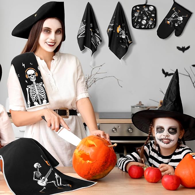 Leinuosen 8 Pcs Skull Kitchen Decor Set Kitchen Towels Gothic Oven Mitts and Pot Holders Skeleton Hand Dish Towels Horror Oven Mitts for Home Decoration Party Gifts (Modern Color,Music) - Image 4