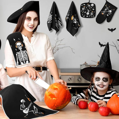 Leinuosen 8 Pcs Skull Kitchen Decor Set Kitchen Towels Gothic Oven Mitts and Pot Holders Skeleton Hand Dish Towels Horror Oven Mitts for Home Decoration Party Gifts (Modern Color,Music) - Image 4