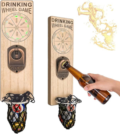 Magnetic Bottle Openers with Catcher, Wall Mounted Wooden Beer Bottle Opener with Game Roulette, Traceless Corkscrew, Home Bar Accessories for Kitchen, Outdoor, Ideal Beer Gifts for Men (Style 11)