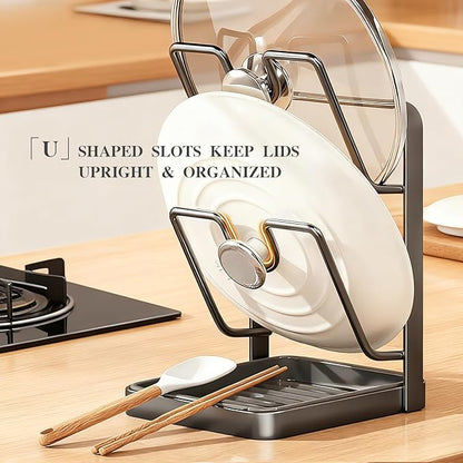 OJJ 2026 Upgraded 304 Stainless Steel Pot Lid Holder While Cooking, Kitchen Pot Lid Storage Rack for stove top, Multifunctional Kitchen Pot Lid Organizer for Countertop(Double Layer-Gray) - Image 2