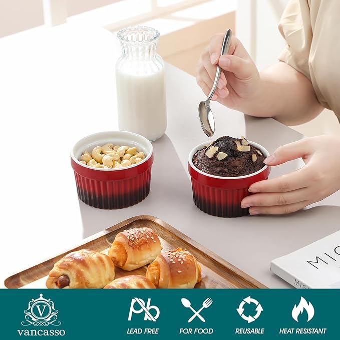 vancasso 6 oz Ramekins with Lid, Porcelain Creme Brulee Souffle Dishes, Red Pudding Custard Cups Ramiken for Baking, Dishwasher and Oven Safe, Set of 6 - Image 5