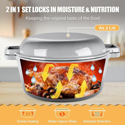 P&P CHEF 5Qt Dutch Oven Pot for Bread Baking (Gray), 2 In 1 Round Cast Iron Dutch Oven with Lid Set, Skillet & Pot for Roasting Braising Stewing Frying Simmering, Multi Stoves & Oven Safe - Image 6