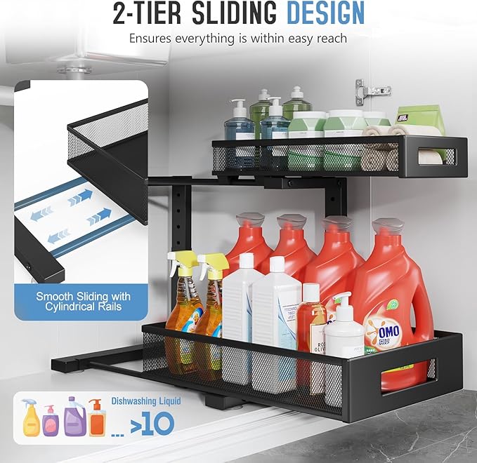 1 Pack-11.4"-16.14"H Under Sink Storage Organizer, Large 2-Tier Elegant Mesh Pull Out Shelf for Kitchen and Bathroom Cabinet Organization, L-Shaped and Adjustable Height Design for Maximum Space-Black - Image 4