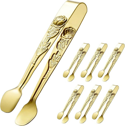 HINMAY 6PCS Mini Serving Tongs 5-Inch Small Rose Sugar Cube Appetizer Tongs, Tiny Metal Tong for Tea Party, Coffee Bar, Desserts (Gold)