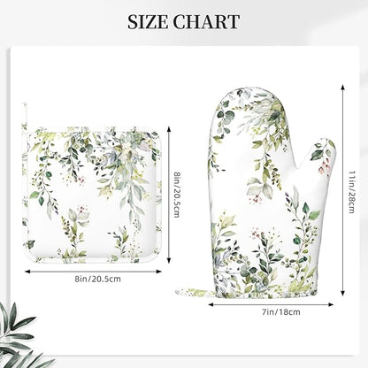Sage Green Eucalyptus Oven Mitts and Pot Holders Sets Silicone Watercolor Butterfly Leaves Kitchen Mitts Potholders Heat Resistant 4Pcs Oven Gloves Hot Pads for Kitchen Baking Cooking