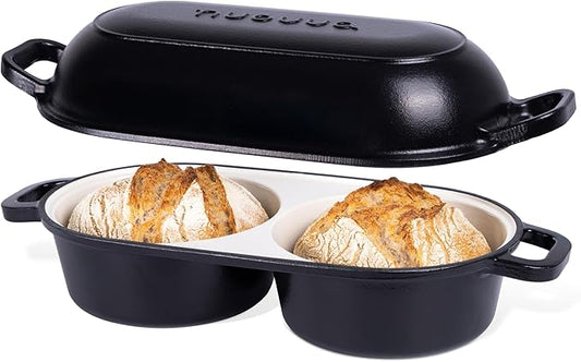 Dutch Oven for Sourdough Bread Baking – Enamelled Cast Iron Bread Loaf Pot – 500°F Oven Safe Non Stick Bread Pot – Double Round Loaf Space, 16.5cm Diameter, Black, – by Nuovva by Nuovva