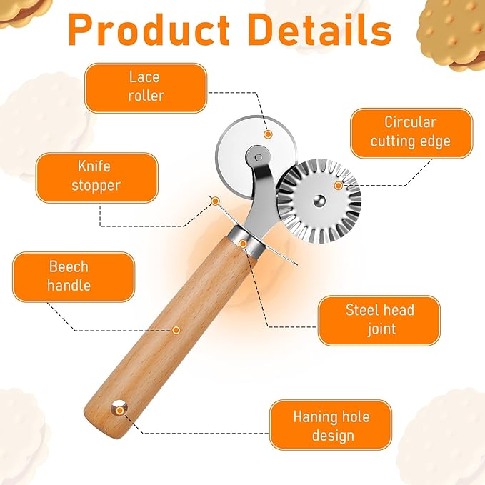 Oruola Pastry Cutter for Baking,Double Fluted Pastry Cutter Wheel,Double-Blade Pasta Cutters,Stainless Steel Double Roller Dough Cutters with Wooden Handle for Pizza,Ravioli,Cookies