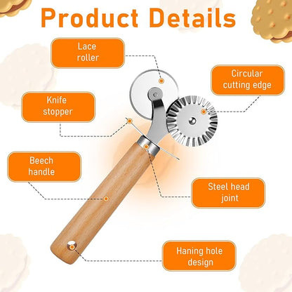Oruola Pastry Cutter for Baking,Double Fluted Pastry Cutter Wheel,Double-Blade Pasta Cutters,Stainless Steel Double Roller Dough Cutters with Wooden Handle for Pizza,Ravioli,Cookies