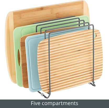 mDesign Pot Lid and Pan Rack — Metal Wire Rack for Cabinets, Pantries or Kitchen Surfaces — Freestanding Pan Stand with 5 Slots for Pans, Pots, Lids and Crockery — Dark Grey - Image 4