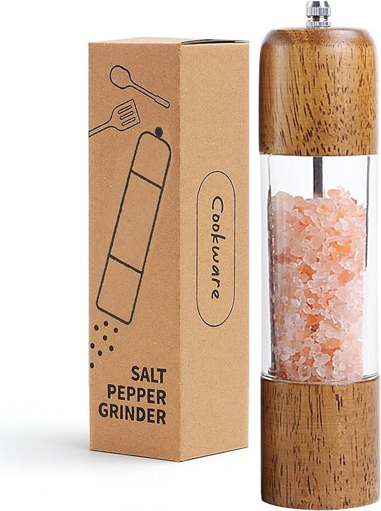 Wood Salt and Pepper Grinder, Manual Premium Acrylic Salt Grinder and Pepper Mill, Oak Wood Shakers with Adjustable Ceramic Grinders, Kitchen Cooking Gifts for Women Mom Men Dad- 8 inches, 1 Pack