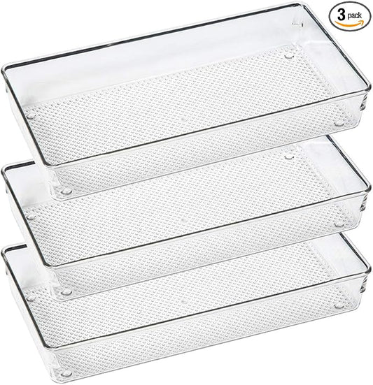 3 Pack Large Clear Plastic Drawer Organizer Tray Cutlery Utensil Makeups Drawer Organizers 12" X 6"
