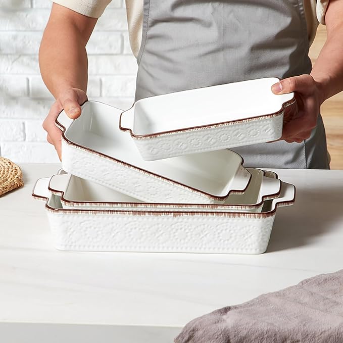 ONEMORE Casserole Dishes for Oven, Ceramic Baking Dish Set of 4, Non-Stick Lasagna Pans with Handles, Rectangular Bakeware Set for Cake, Roasting, Broiling, Gratin, Banquet, Microwave & Dishwasher Safe(3.8/2.6/1.7/1.1 Qt) (White 01) - Image 5