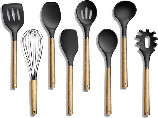 Country Kitchen Non Stick Silicone Utensil Set with Rounded Wood Handles for Cooking and Baking, 8 Piece Set, Black