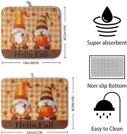 Hello Fall Autumn Gnomes Dish Drying Mat 16x18 Thanksgiving Pumpkin Maple Leaves Harvest Kitchen Drying Mat Orange White Buffalo Plaid Dish Drainer Mat Ultra Absorbent Dish Rack Pad for Coffee Bar - Image 2