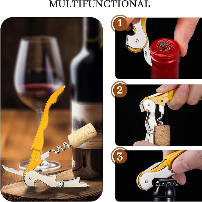 HYZ 2-Pack Wine Opener Waiter Corkscrew, Professional Wine Key for Servers, Bartender with Foil Cutter, Manual Wine Bottle Opener Double Hinged (Yellow) - Image 5