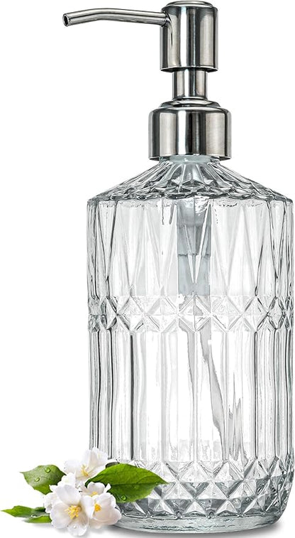 JASAI 18 Oz Embossed Clear Glass Soap Dispenser with Rust Proof Pump, Refillable Dish soap Dispenser for Kitchen, Premium Bathroom Soap Dispenser for Hand soap, Lotion (Clear). by JASAIHOME