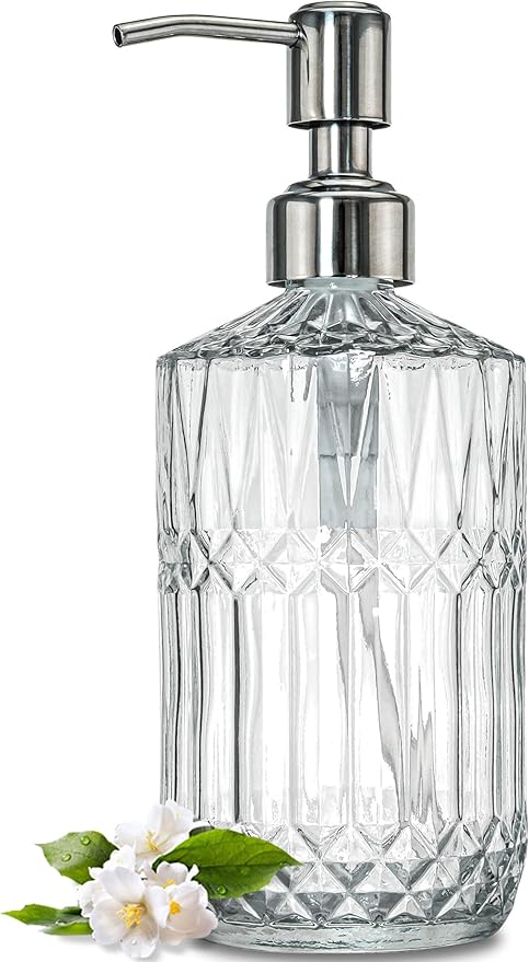 JASAI 18 Oz Embossed Clear Glass Soap Dispenser with Rust Proof Pump, Refillable Dish soap Dispenser for Kitchen, Premium Bathroom Soap Dispenser for Hand soap, Lotion (Clear). by JASAIHOME