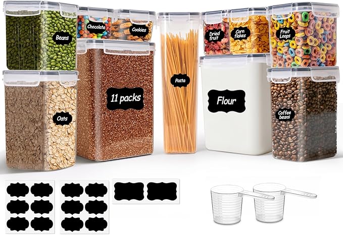 ComSaf Airtight Food Storage Containers with Lids, 11 Pcs Canisters Sets for the Kitchen, Plastic Pantry Organizers and Storage for Cereal, Flour, Sugar,Kitchen Storage Containers Include Labels by ComSaf