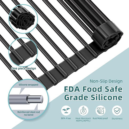 Ohuhu Sink Drying Rack, 20.5" W x 16.1" L Over Sink Roll-Up Dish Drainer - Rolling Foldable Accessories Heat-Resistant Mat Anti-Slip Silicone Coated Multipurpose for Kitchen Counter - Image 4