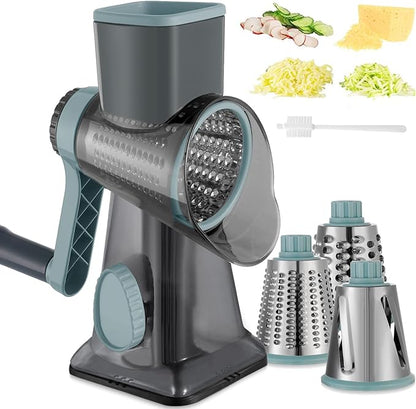 Cheese Grater Hand Crank Rotary Vegetables Shredder with Handle, 3-in-1 Graters with Interchangeable Blades and Non-slip Base Multifunctional Slicer for Kitchen by EDEFISY