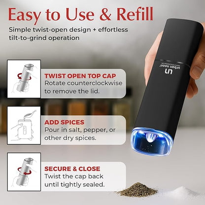 Automatic Salt and Pepper Grinder Set - Rechargeable Electric Salt and Pepper Shakers with Adjustable Coarseness, LED Light, One-Handed Use, Gravity Salt Grinder and Electric Pepper Mill - Image 2