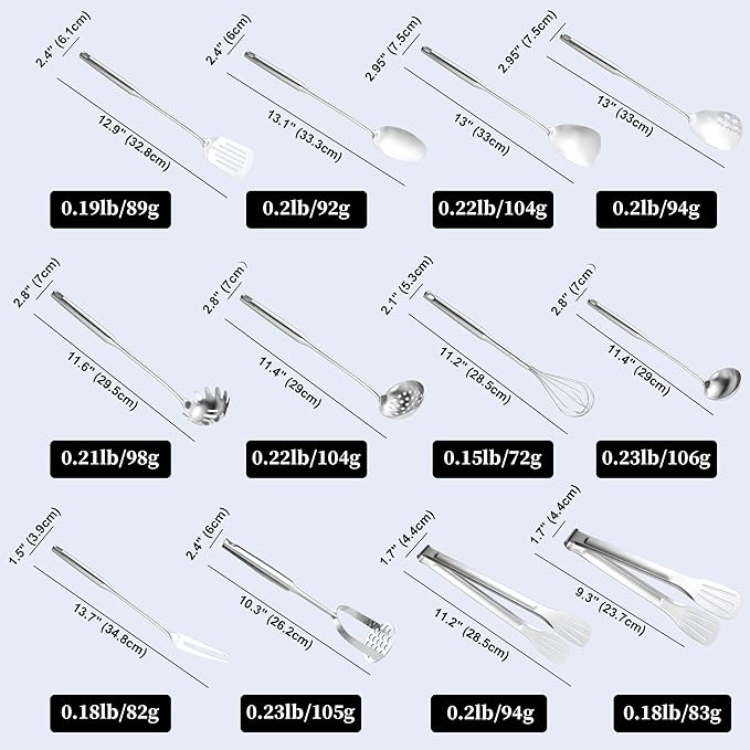 Stainless Steel Kitchen Utensils 12 Pcs, Small Cooking Utensils Set,Spatulas,Ladle,Skimmer,Tunners,Serving Spoon,Spaghetti Spoon,Fork,Potato Masher,Egg Whisk,Tongs,Dishwasher Safe - Image 2