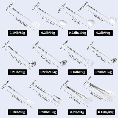 Stainless Steel Kitchen Utensils 12 Pcs, Small Cooking Utensils Set,Spatulas,Ladle,Skimmer,Tunners,Serving Spoon,Spaghetti Spoon,Fork,Potato Masher,Egg Whisk,Tongs,Dishwasher Safe - Image 2