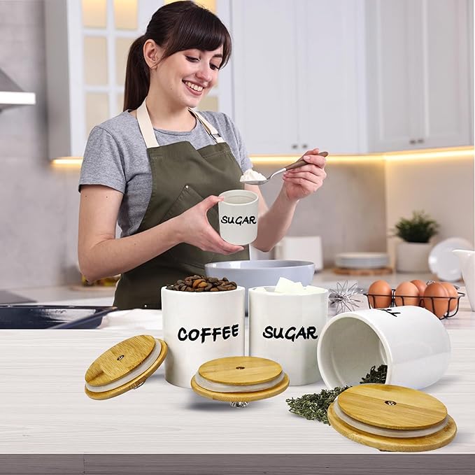 Coffee Tea Sugar Container Set of 3,Farmhouse Storage Containers Jars,Airtight Ceramic Kitchen Canister Set with Bamboo Lids for Kitchen Counter Dining Room (Ceramic, 1)