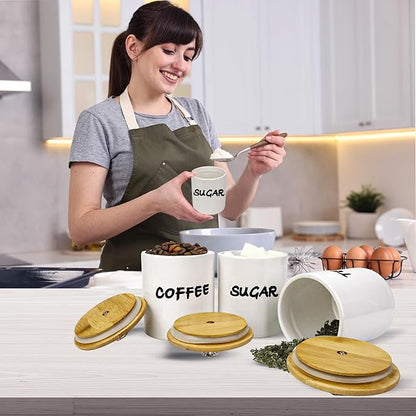 Coffee Tea Sugar Container Set of 3,Farmhouse Storage Containers Jars,Airtight Ceramic Kitchen Canister Set with Bamboo Lids for Kitchen Counter Dining Room (Ceramic, 1)
