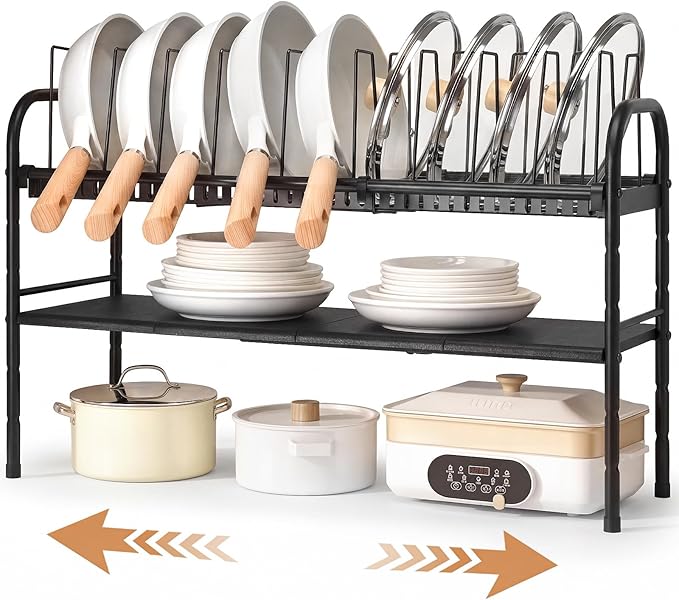 HULISEN Pots and Pans Organizer Under Cabinet, Expandable 2-Tier Pots and Pans Lid Storage Rack Holder with 10 Dividers, Adjustable Height Under Sink Organizer, Maximize Kitchen Storage Space by HULISEN